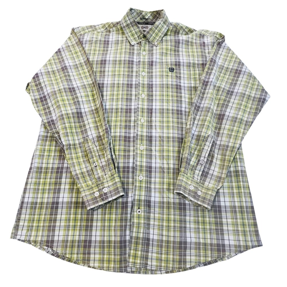 Cinch Mens Plaid Button Down Shirt Green Brown Long Sleeve Cotton Size M